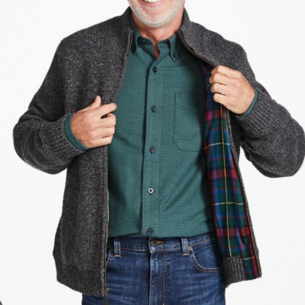 L.L. Bean Navy Blue Full Zip Cotton Sweater Jacket Plaid Flannel Lined Medium